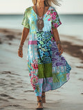 Women's Vintage Floral Patchwork Art Print Pocket Cotton Dress