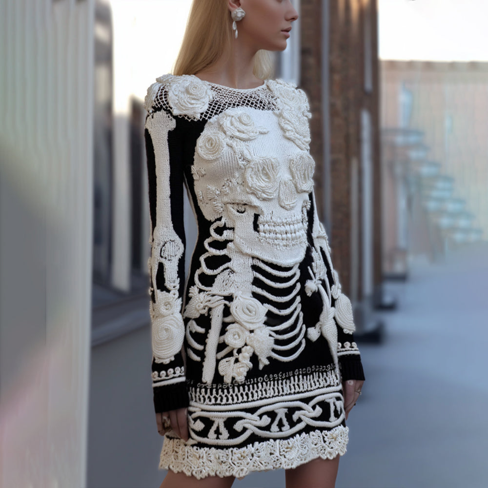 Comstylish Women's Halloween Skeleton And Rose Lace Knitted Round Neck Skirt