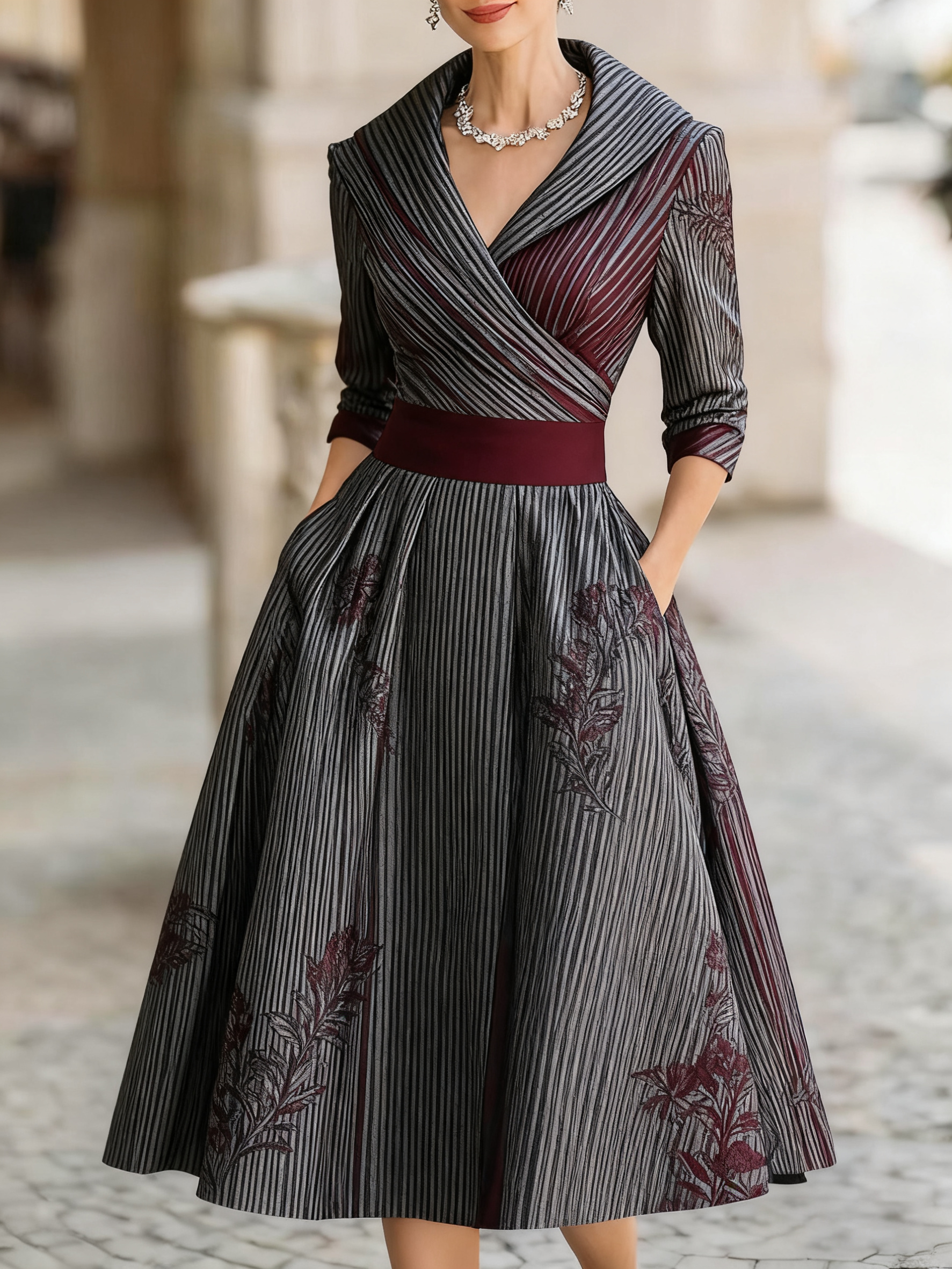 Women's retro cold jacquard print medium and long dress