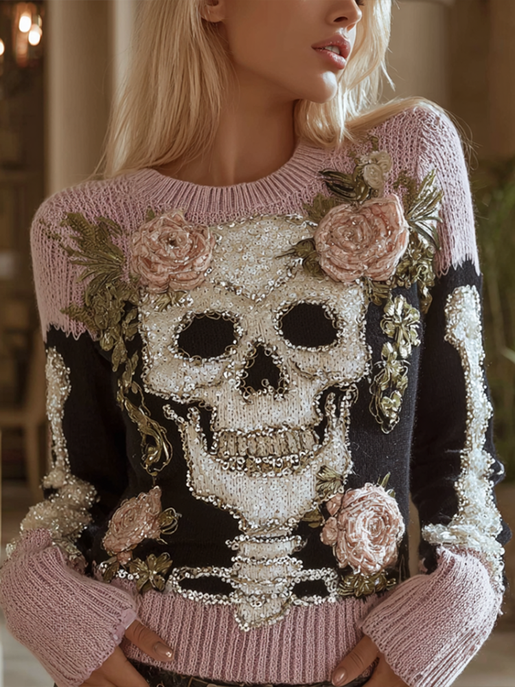 Comstylish Halloween Skeleton And Plant Flower Pattern Combined Design Women's Knitted Sweater