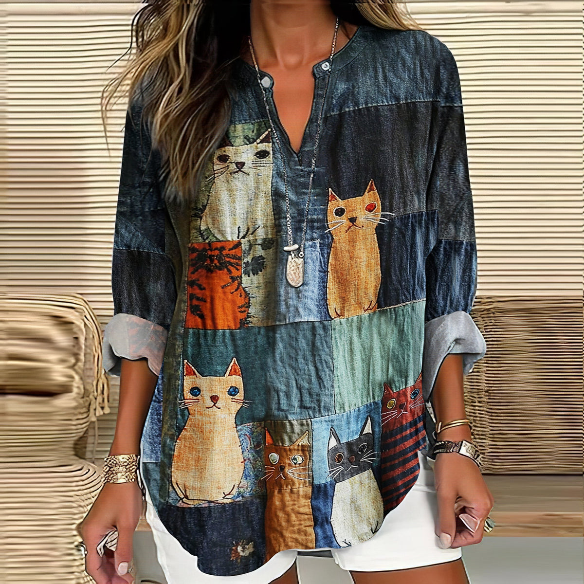 Casual Pop Cat Patchwork Cotton Linen Blouse elevenforest
