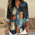 Comstylish Casual Pop Cat Patchwork Cotton Linen Blouse