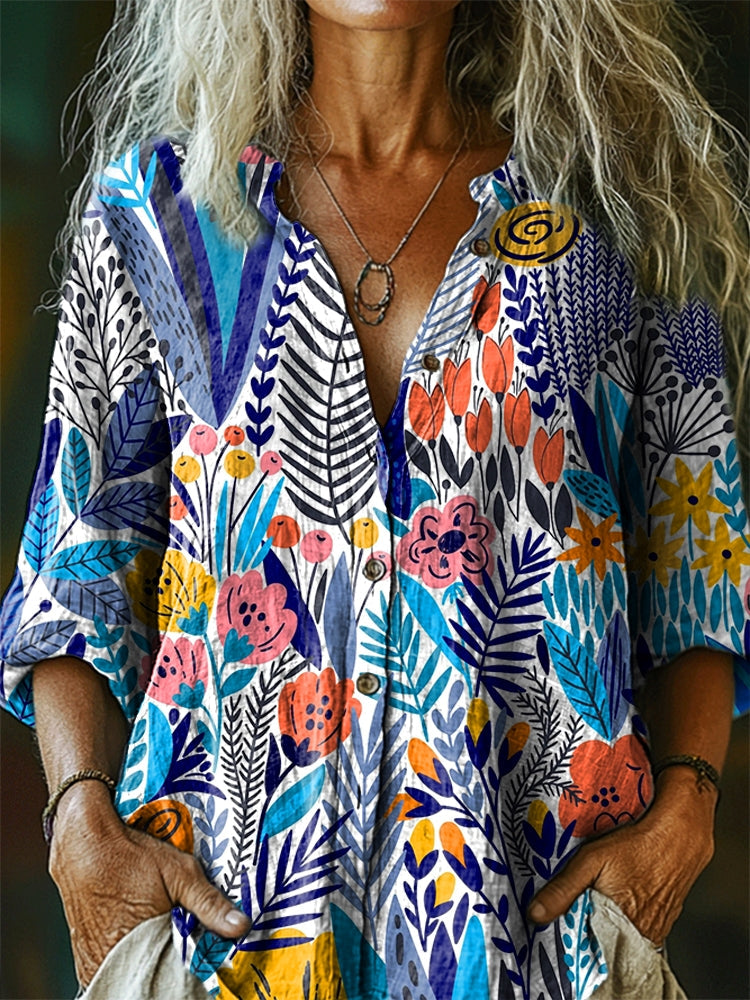Women's Floral Pattern Art Print Casual Cotton Linen Shirt