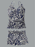 V-Neck Vintage Floral Art Print Suspender Skirt Tankini Pantskirt Set Swimsuit