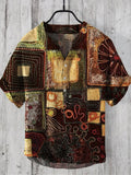 Vintage Patchwork Fabric Embroidered Art Men's Linen V-neck Shirt artswardrobe