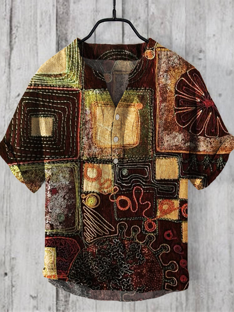 Vintage Patchwork Fabric Embroidered Art Men's Linen V-neck Shirt artswardrobe