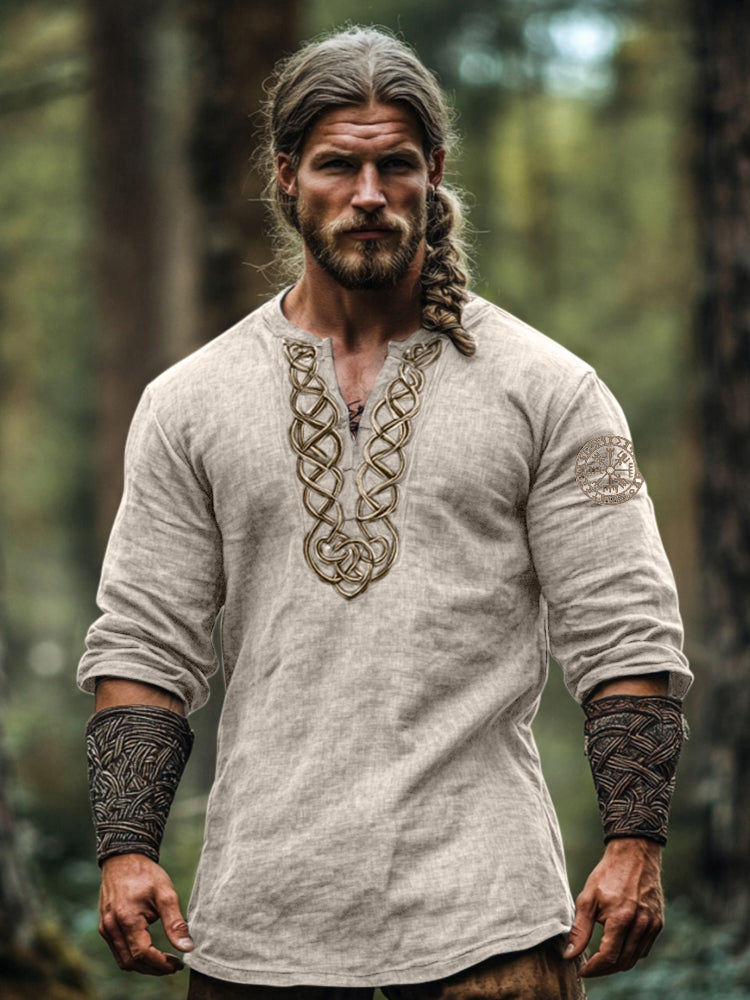Men's Vintage Viking Symbol Linen V-neck Shirt artswardrobe