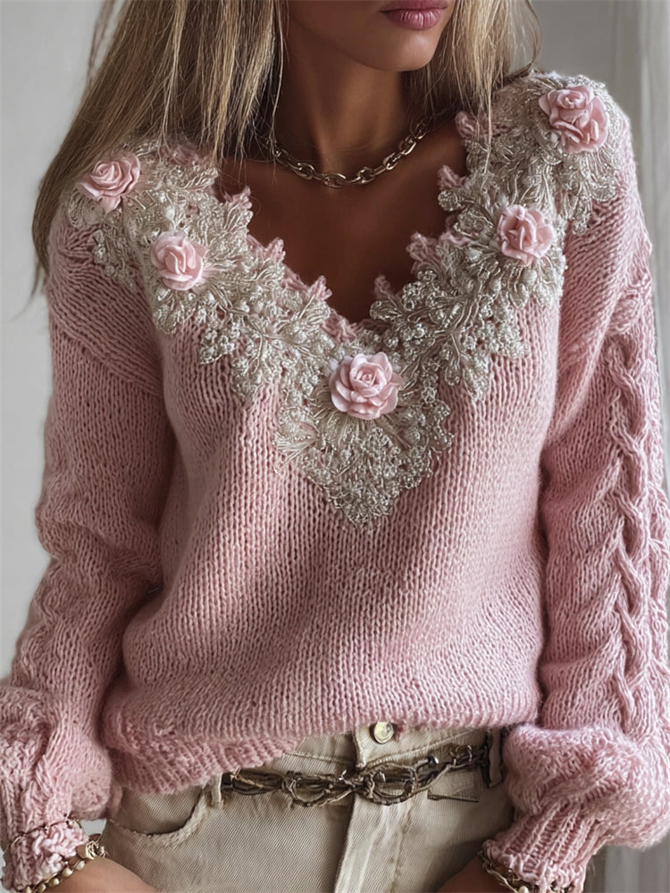 Vintage Pink Roses V Neck Cozy Knit Sweater elevenforest