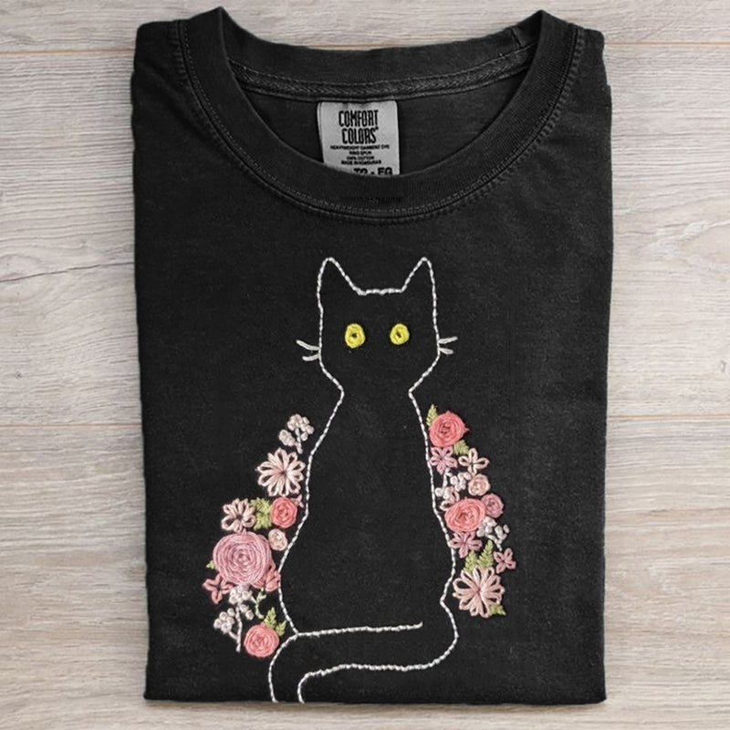 Pink Floral Black Cat Embroidered Comfy T Shirt
