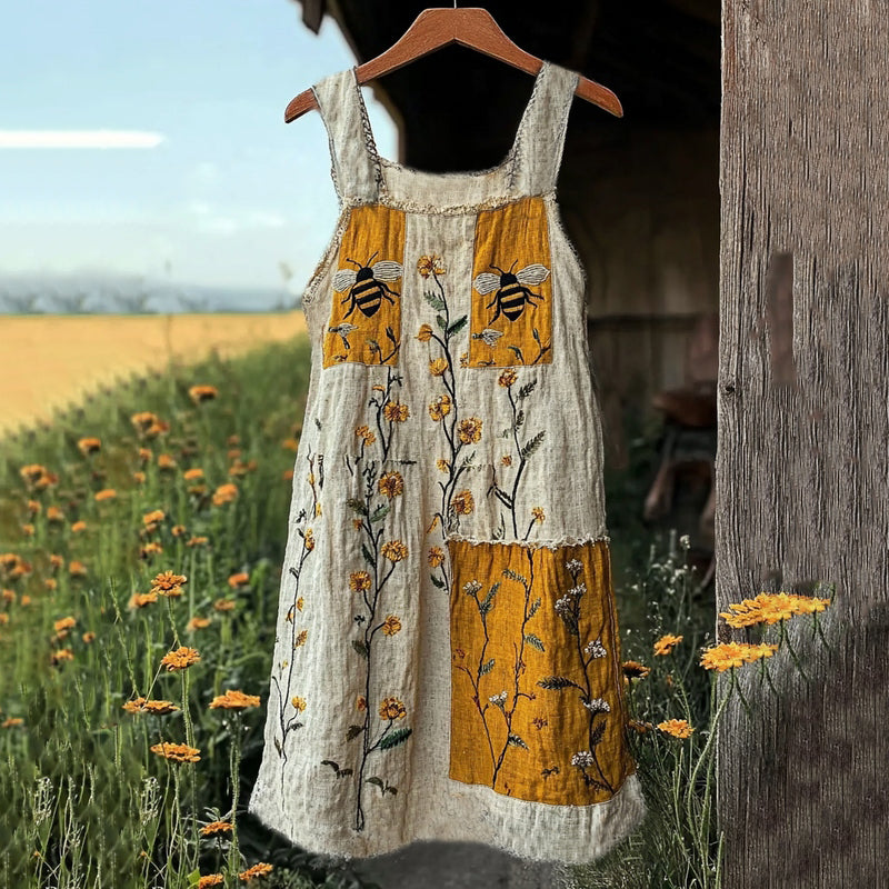 Bee Floral Patchwork Print Linen Tank Midi Dress artswardrobe