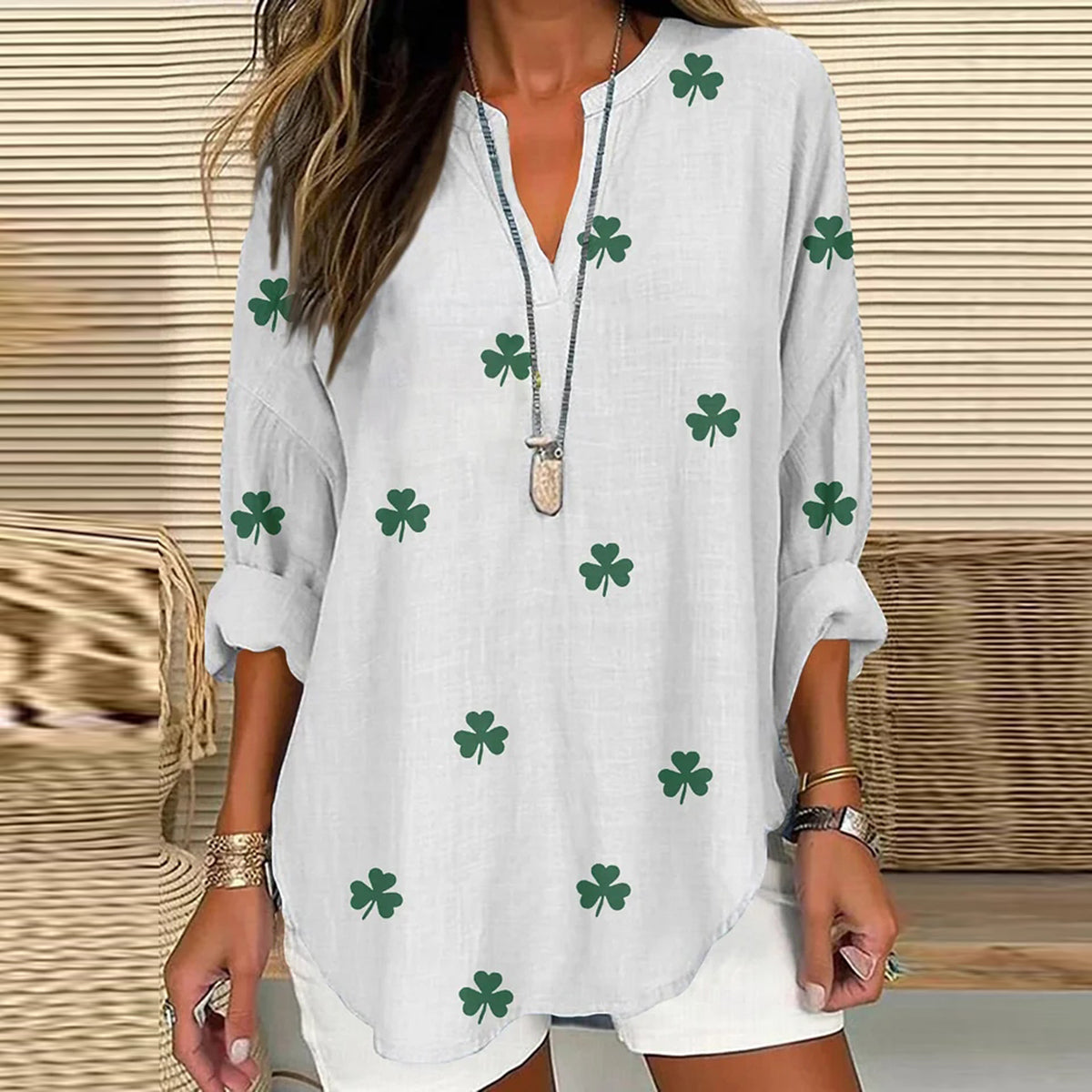 Comstylish St. Patrick's Shamrock Print V-neck Linen Blend Blouse