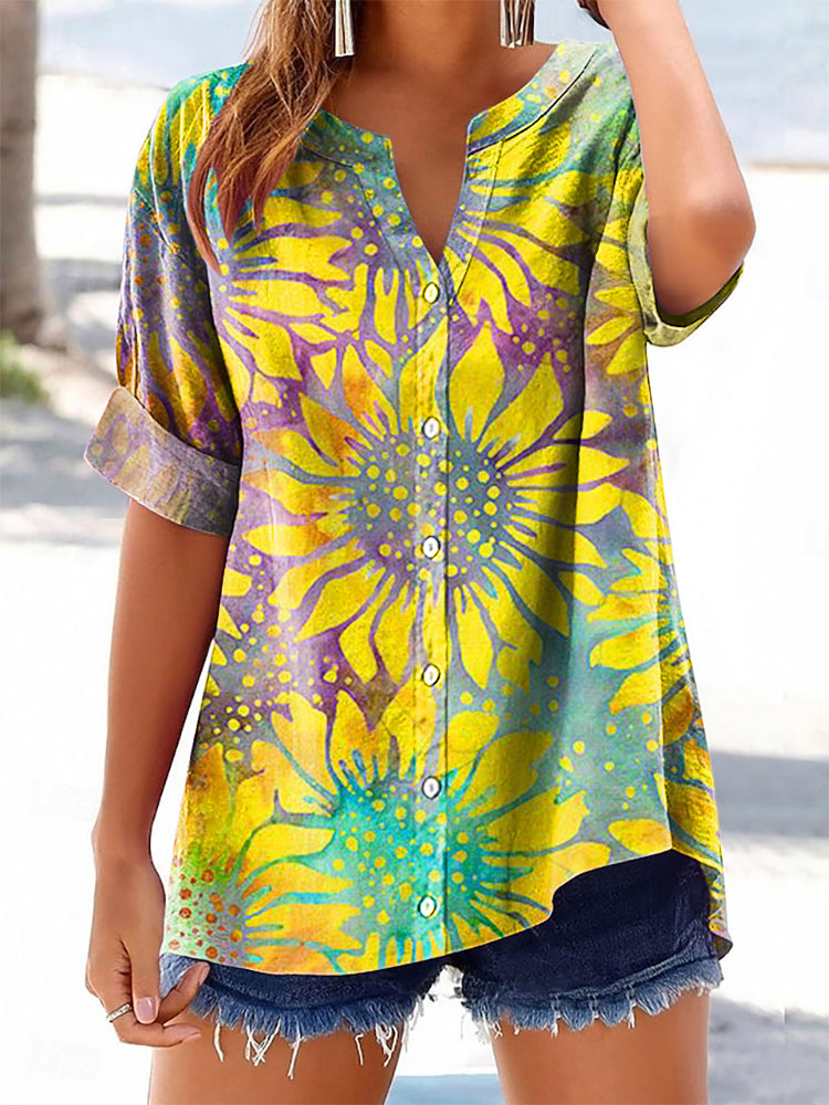 Women's Bohemian Floral Art Print Casual Cotton And Linen Shirt