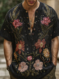 Bohemian Style Three-dimensional Plant And Flower Black Starry Sky Men's V-neck Short-sleeved Shirt artswardrobe