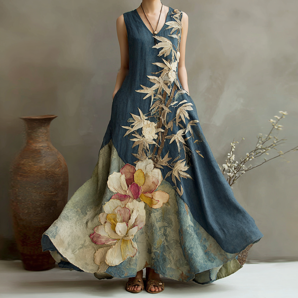 Comstylish Women's Vintage Floral And Bamboo Art Print Linen Dress