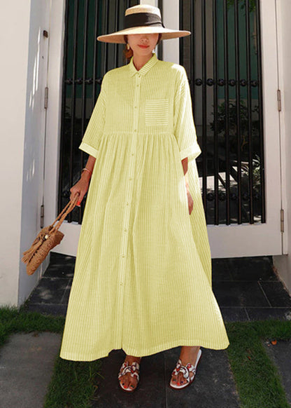 Grey Peter Pan Collar Striped Button Pockets Wrinkled Long Dresses Half Sleeve