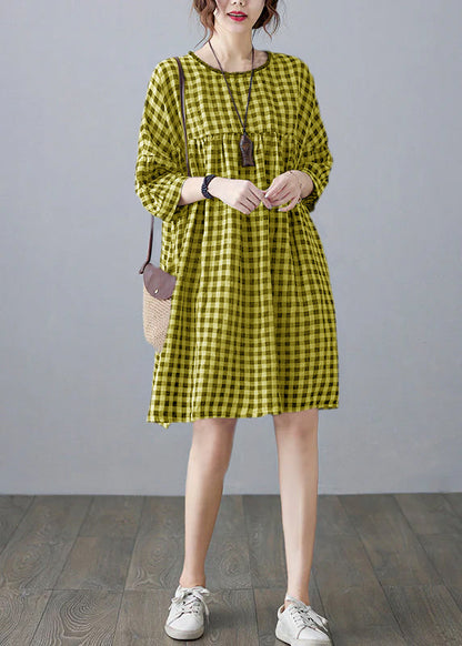 O-neck Wrinkled Pocket Purple Linen Loose Dresses Half Sleeve