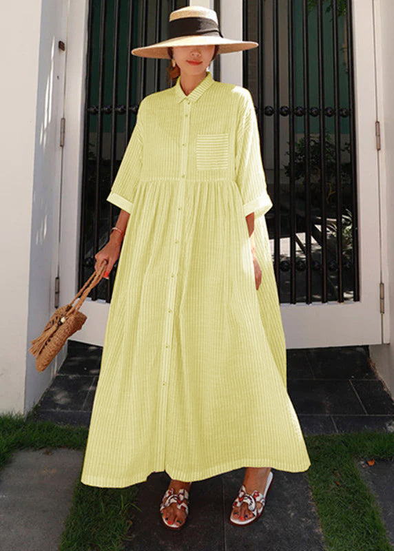 Blue Peter Pan Collar Striped Button Pockets Wrinkled Long Dresses Half Sleeve