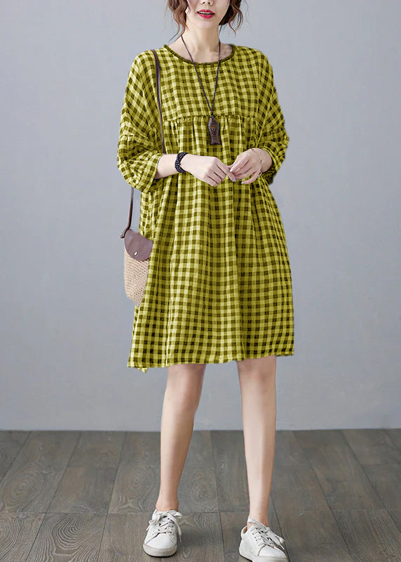 O-neck Wrinkled Pocket Yellow Linen Loose Dresses Half Sleeve