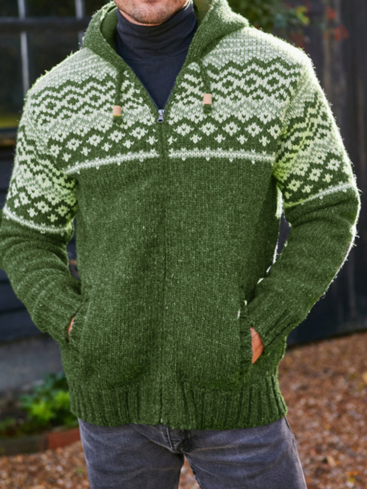 Mens Vintage Fair Isle Knitted Hooded Cardigan elevenforest