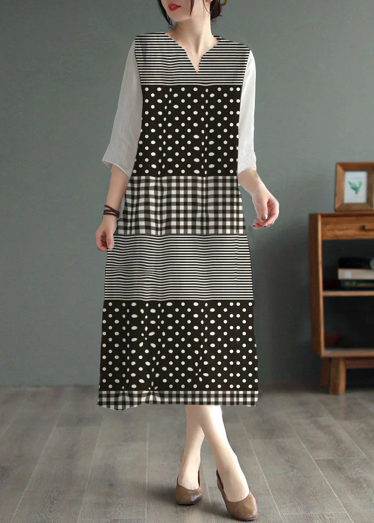 Black Geometry Patchwork Linen Dresses V Neck Embroidered Bracelet Sleeve