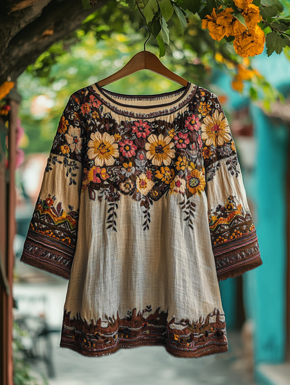 Women's Bohemian Vacation Floral Round Neck T-shirt artswardrobe
