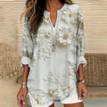 Comstylish Daisy Floral Embroidery Women's Linen V-neck Long Sleeve Shirt