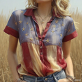 Comstylish Women's Vintage Independence Day Star Sequin Design Lapel Shirt