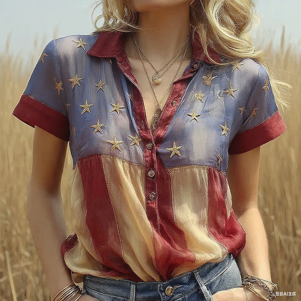 Comstylish Women's Vintage Independence Day Star Sequin Design Lapel Shirt