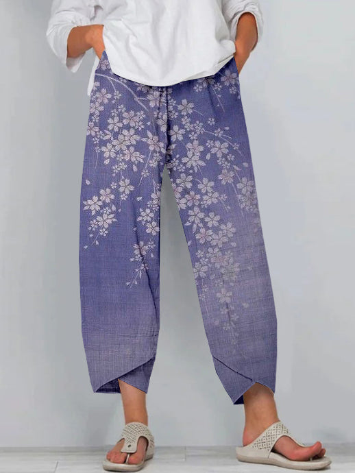Comstylish Vintage Japanese Cherry Blossoms Art Cropped Casual Pants