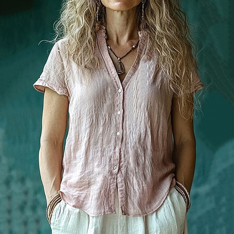 Comstylish Women's Vintage Solid Button Short Sleeve Shirt