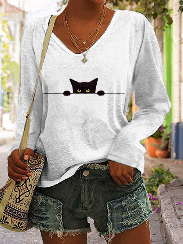 Comstylish Women's Casual Funny Black Cat Print T-shirt