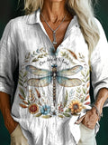 Women's Dragonfly Floral Art Print Casual Cotton Shirt