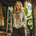 Vintage Pomace Embroidered Linen Crew Neck Long Sleeve T-shirt artswardrobe