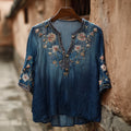 Western-style Plant And Flower Elements Casual V-neck Linen Short-sleeved Shirt artswardrobe