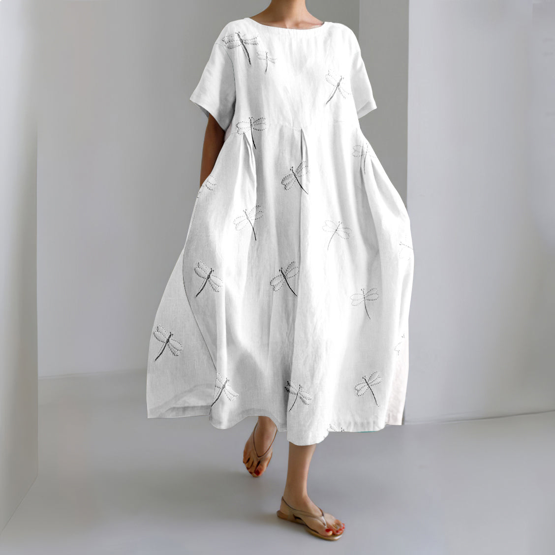Comstylish Women'S Vintage Dragonfly Embroidery Art Casual Midi Dress