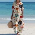 Vintage Cute Cat Embroidered Cozy Linenart Women's Maxi Dress elevenforest
