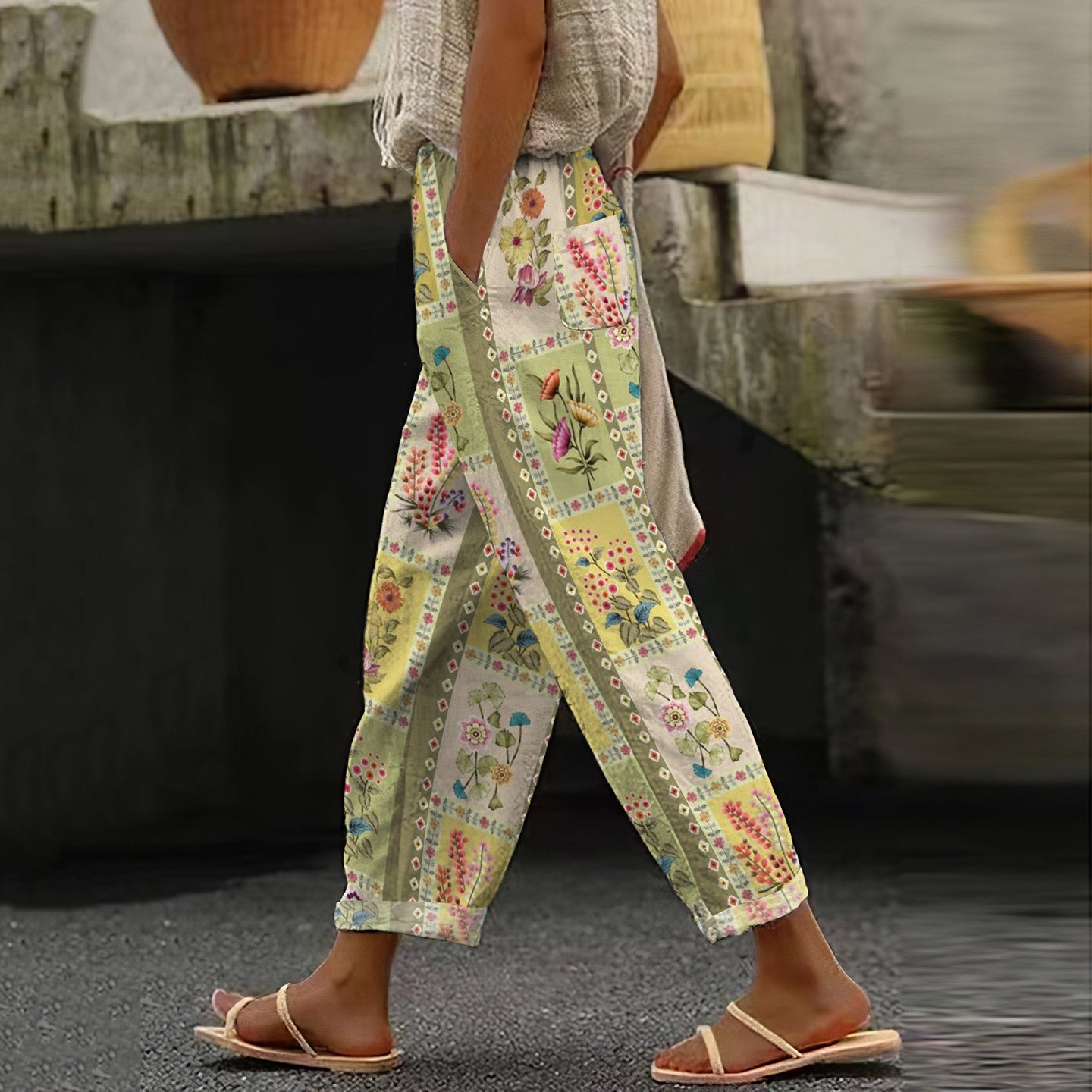 Comstylish Women's Vintage Floral Art Linen Lounge Pants