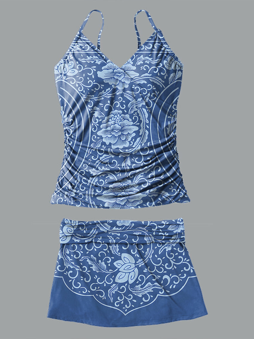 V-Neck Vintage Flowers Print Suspender Skirt Tankini Pantskirt Set Swimsuit