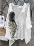 Comstylish Cute Cat Art Pattern Linen Blend Cozy Shirt