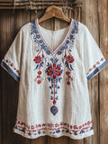 Vintage Floral Embroidery Women's Linen V-neck Shirt artswardrobe