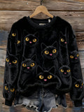Fuzzy Lovely Black Cats Cozy Plush Sweatshirt elevenforest