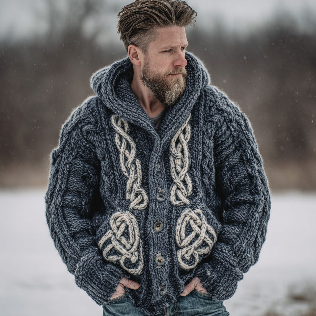 Men's Viking Celtic Knot Art Knit Button Hooded Sweater elevenforest