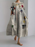 Comstylish Colorful Embroidered Japanese Sashiko Art Linen Blend Maxi Dress