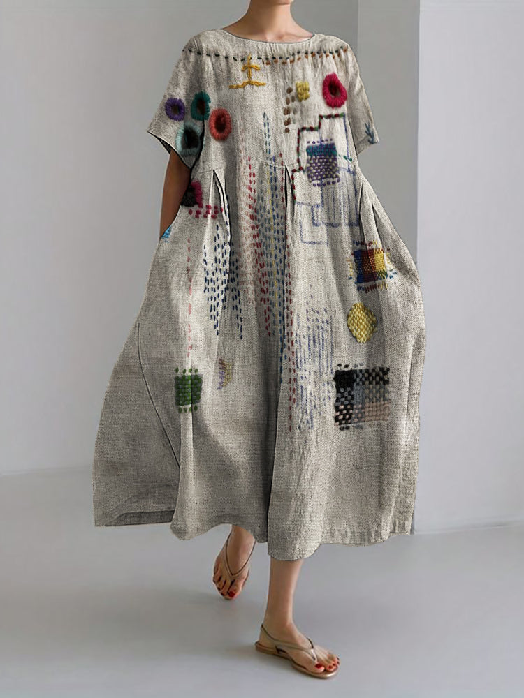 Comstylish Colorful Embroidered Japanese Sashiko Art Linen Blend Maxi Dress