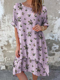 Women's Classic Floral Pattern Round Neck Cotton and Linen Dress