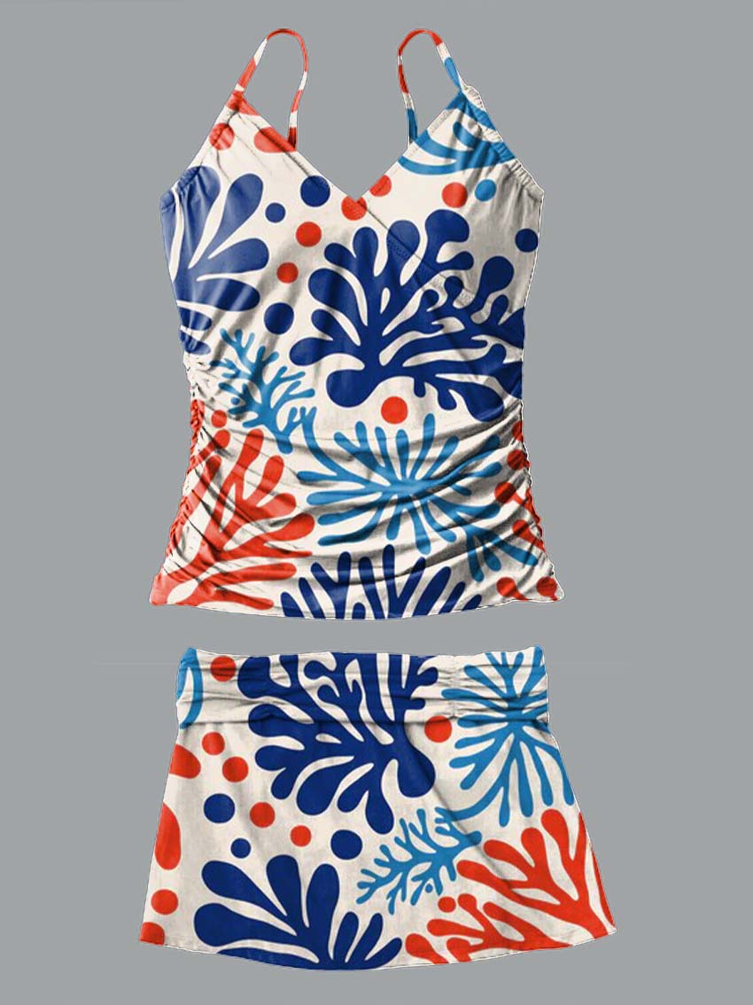 Artistic Colorful Coral Print Suspender Skirt Tankini Pantskirt Set Swimsuit