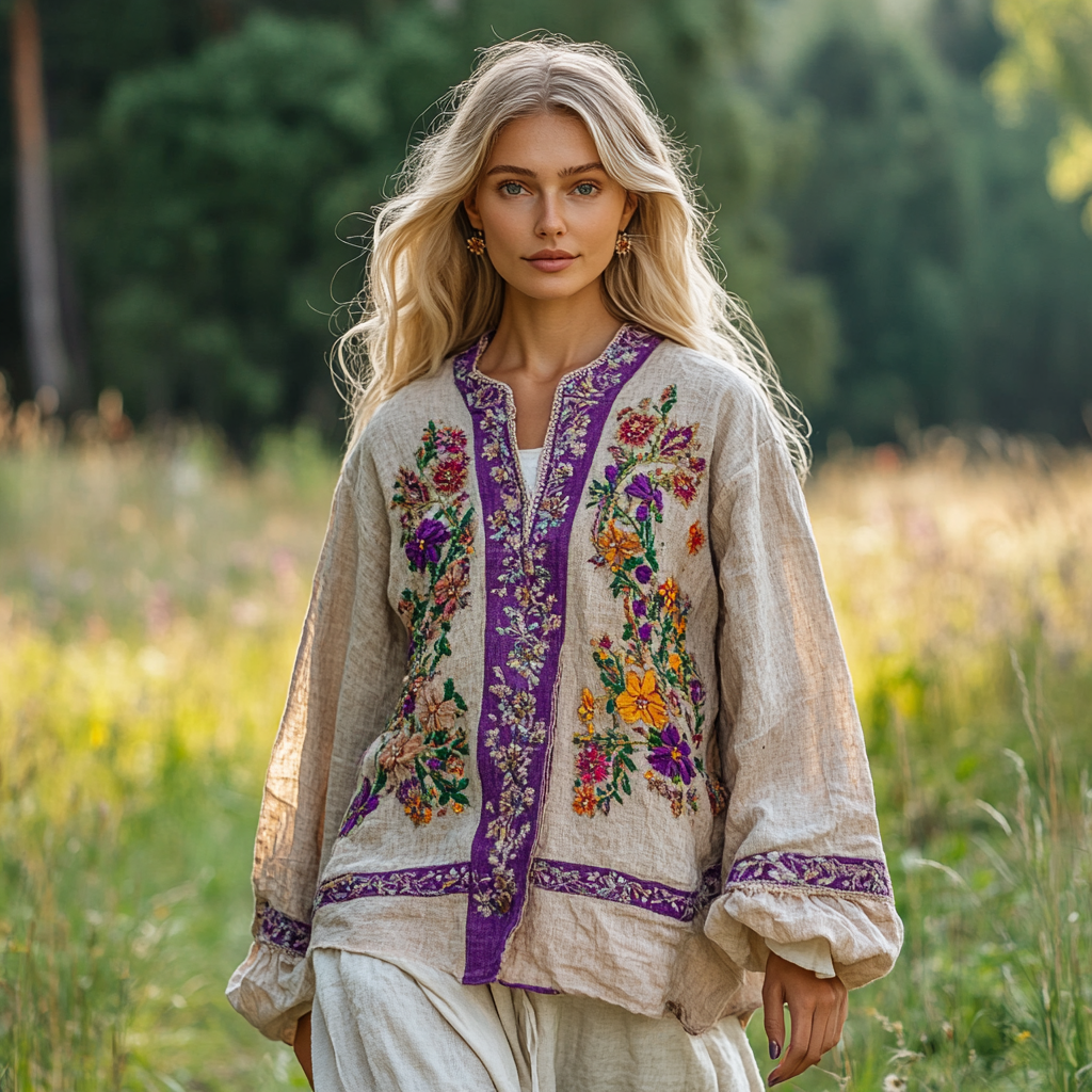Vintage Bohemian Floral Embroidered Linen V-neck Shirt artswardrobe