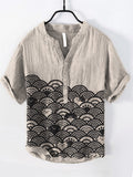 Cats & Waves Japanese Art Print Cozy Cotton Linen Shirt elevenforest