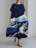 Comstylish Japanese Art Print Linen Maxi Dress