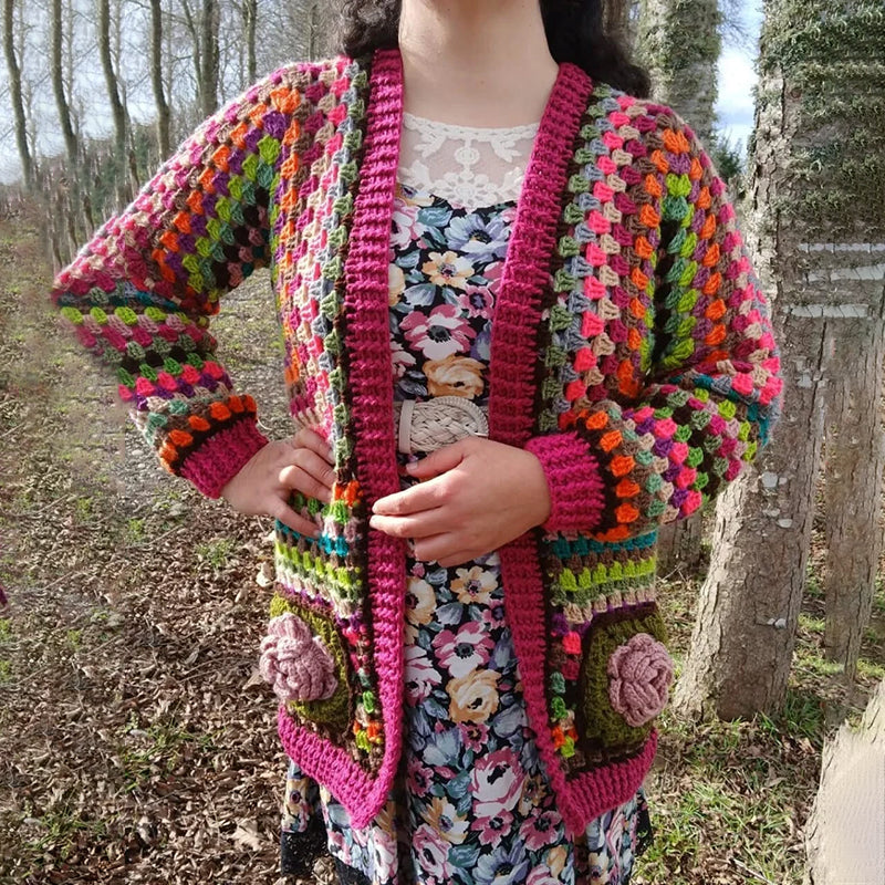 Comstylish Women's Rose Patchwork Art Cozy Knit Sweater Cardigan